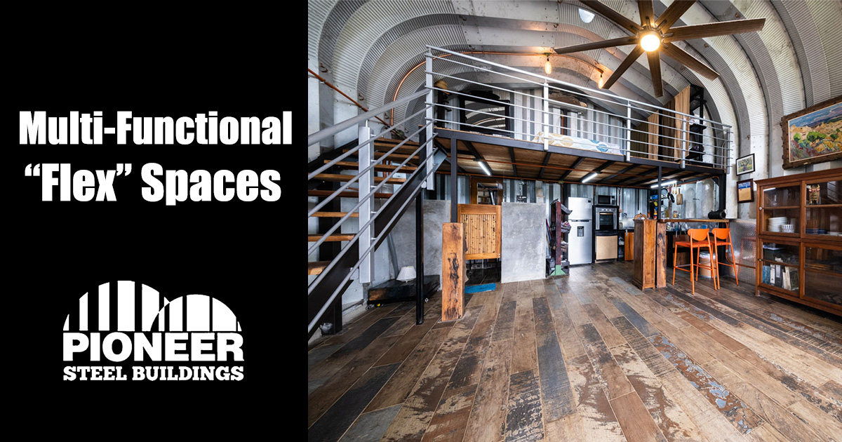 Interior of a steel building home with a mezzanine